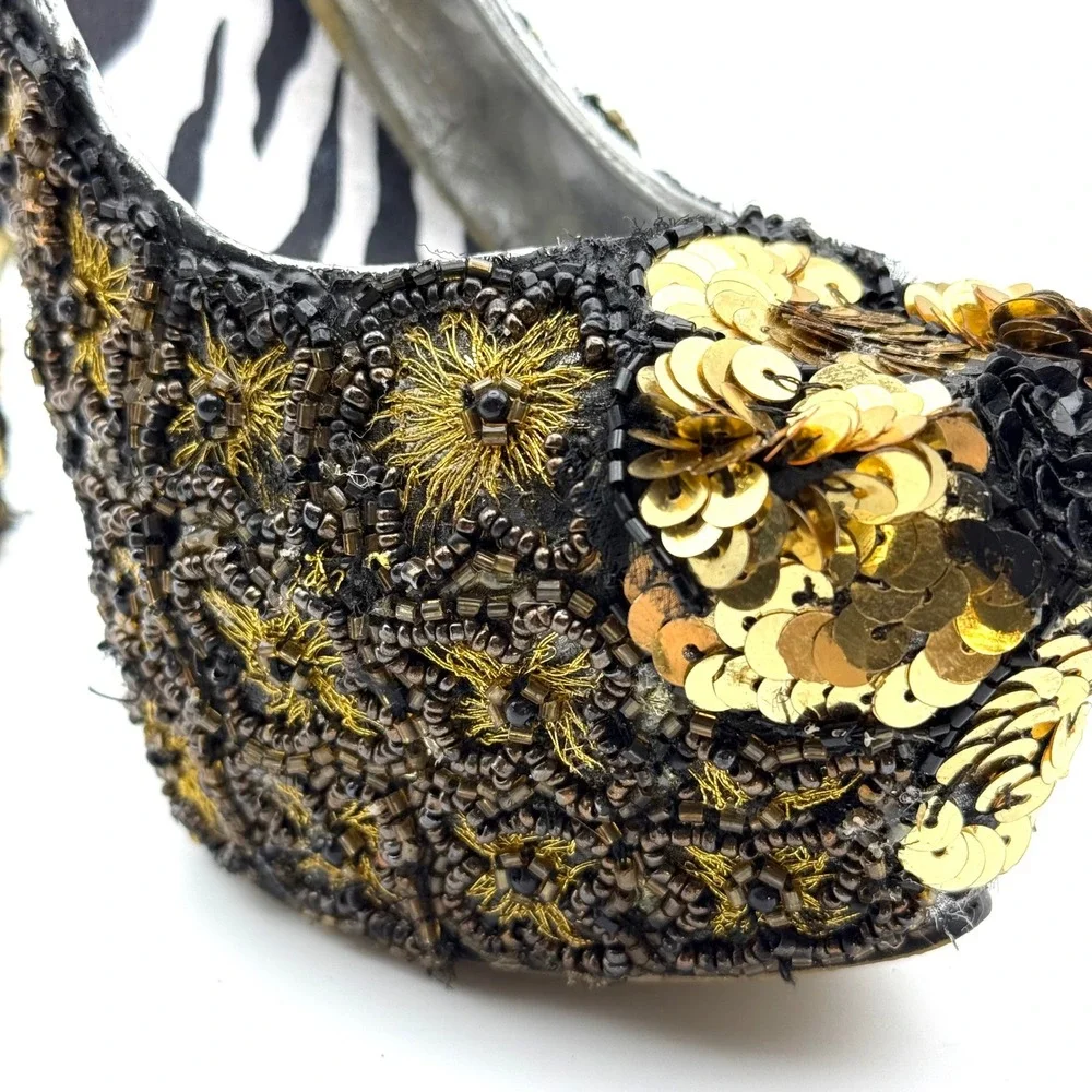 Ivanka Ska Sequin Beaded Platform Pumps Gold Black Zebra Print Heel 5.5 In 8/8.5